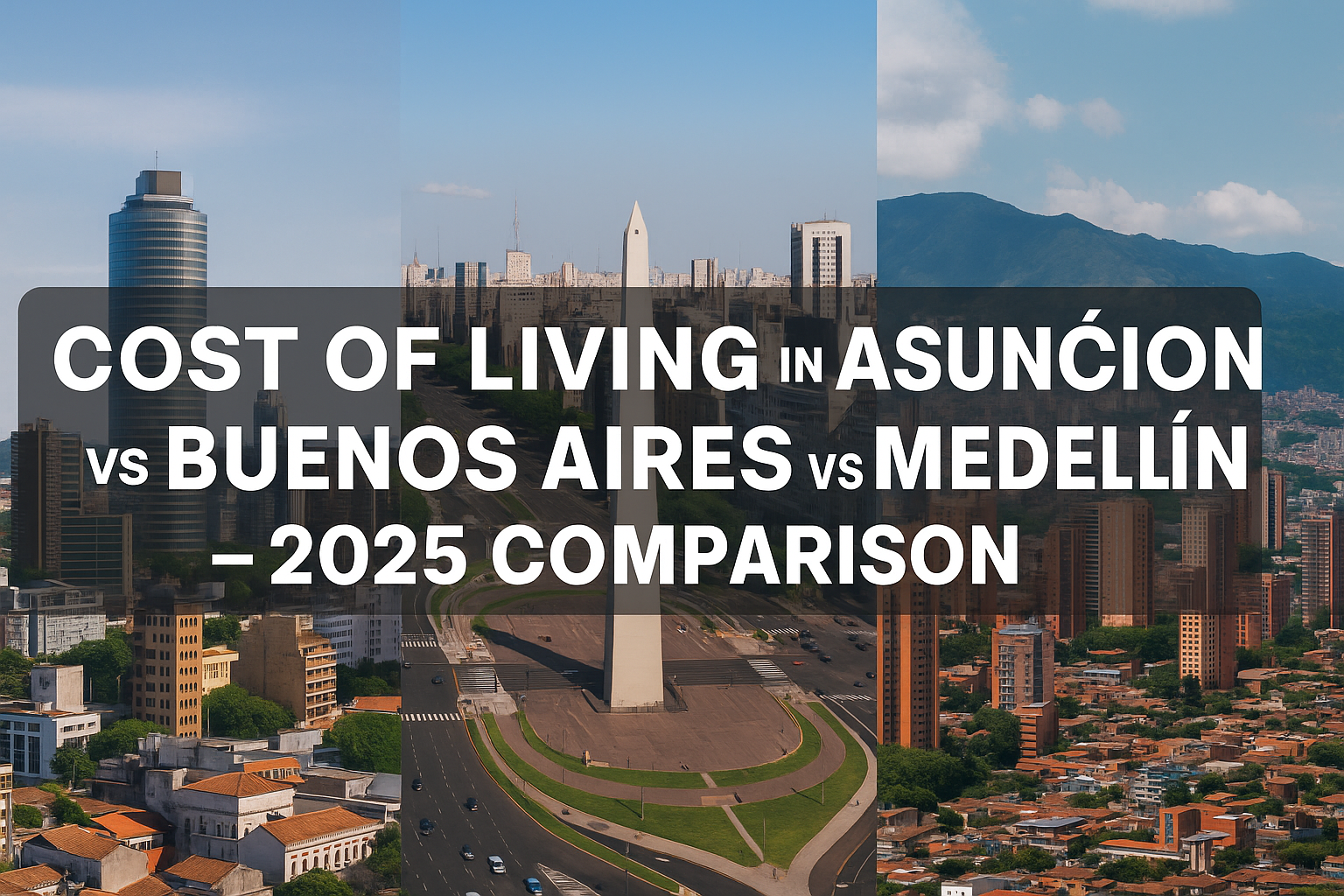 Panoramic comparison of Asunción, Buenos Aires, and Medellín cityscapes with bold text: Cost of Living in Asunción vs Buenos Aires vs Medellín – 2025 Comparison
