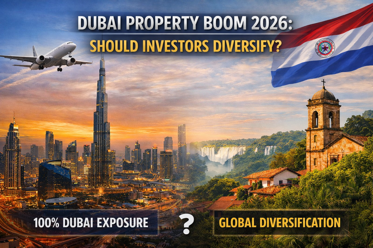 Dubai skyline 2026 real estate boom contrasted with Paraguay property market showing global diversification strategy