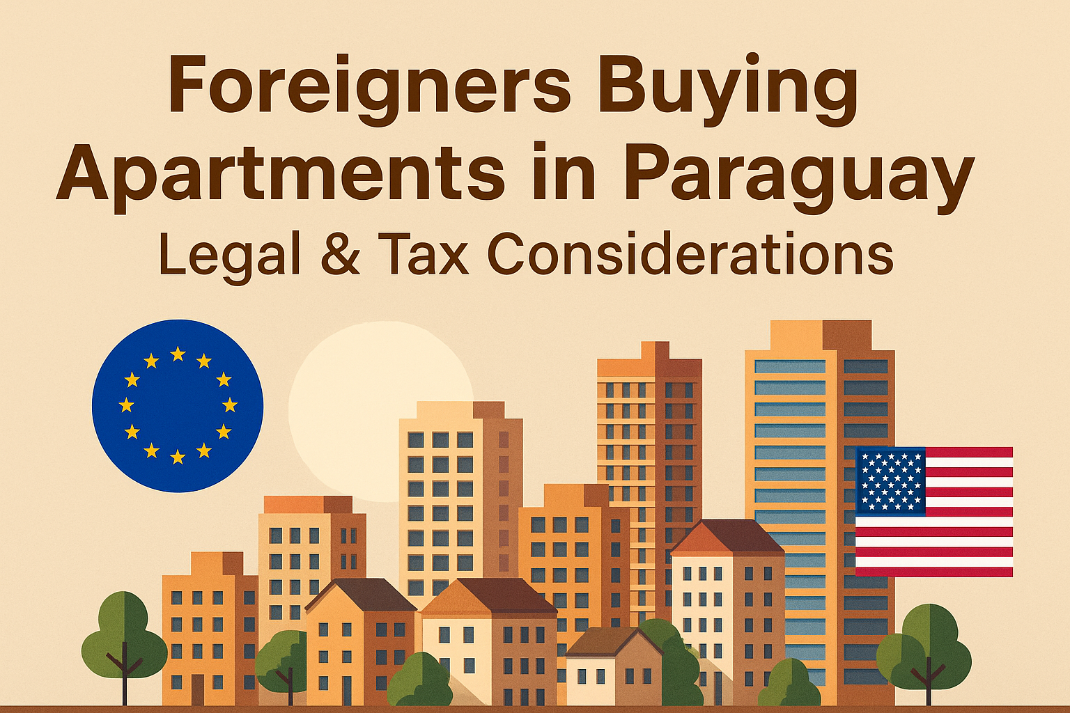 Illustration of Asunción’s cityscape with apartment buildings, featuring EU and US flags, promoting a guide on legal and tax considerations for foreigners buying property in Paraguay.