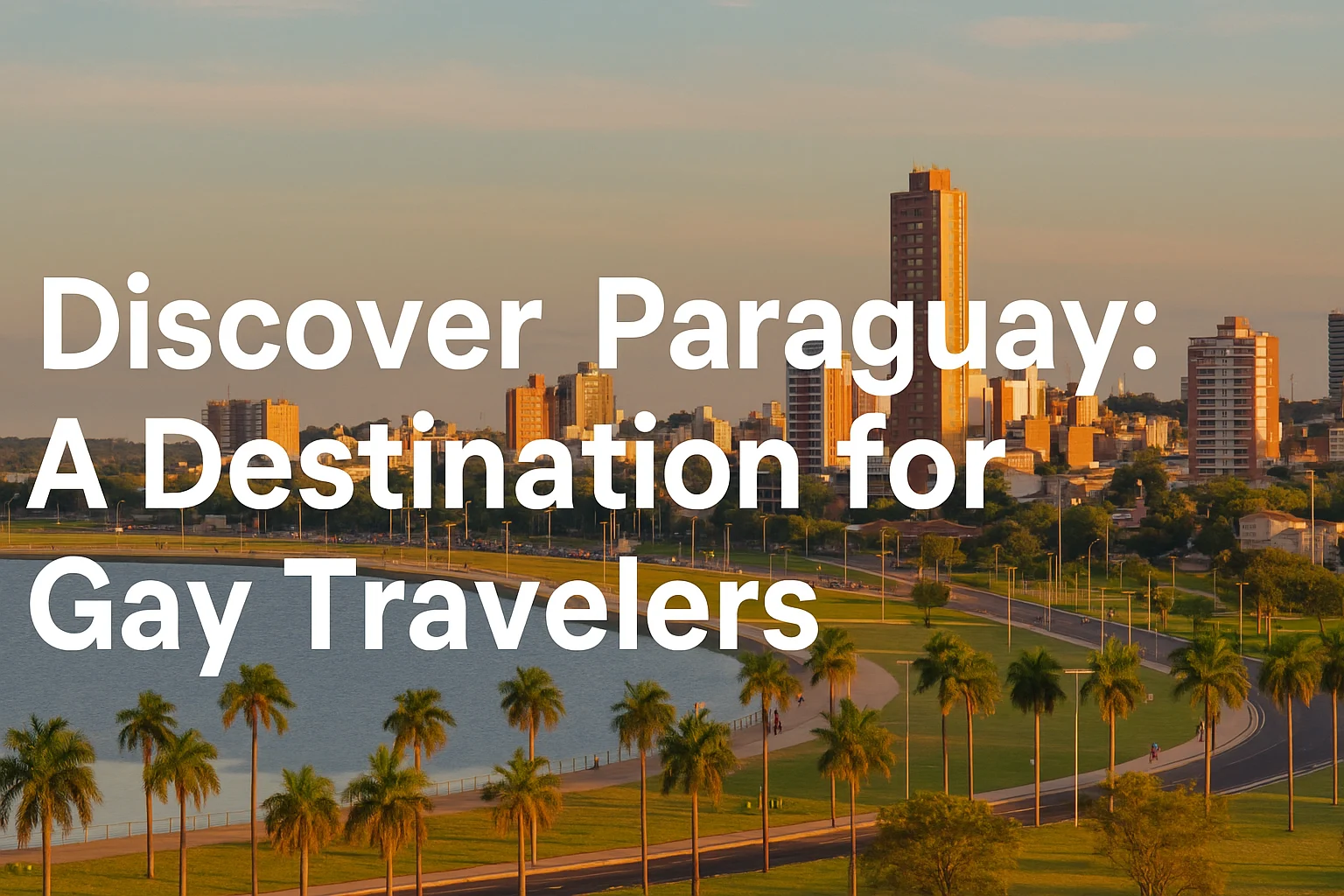 Skyline of Asunción, Paraguay with palm trees and a lakeside view at sunset. Text overlay reads: “Discover Paraguay: A Destination for Gay Travelers.”
