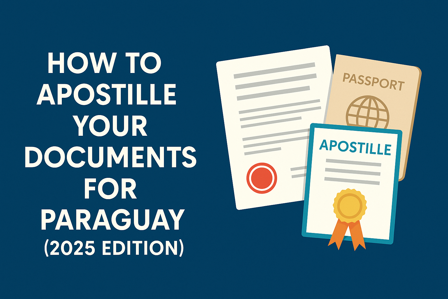 Illustration of documents with an apostille certificate, a passport, and a stamped sheet on a blue background. The graphic includes the title: "How to Apostille Your Documents for Paraguay (2025 Edition)."