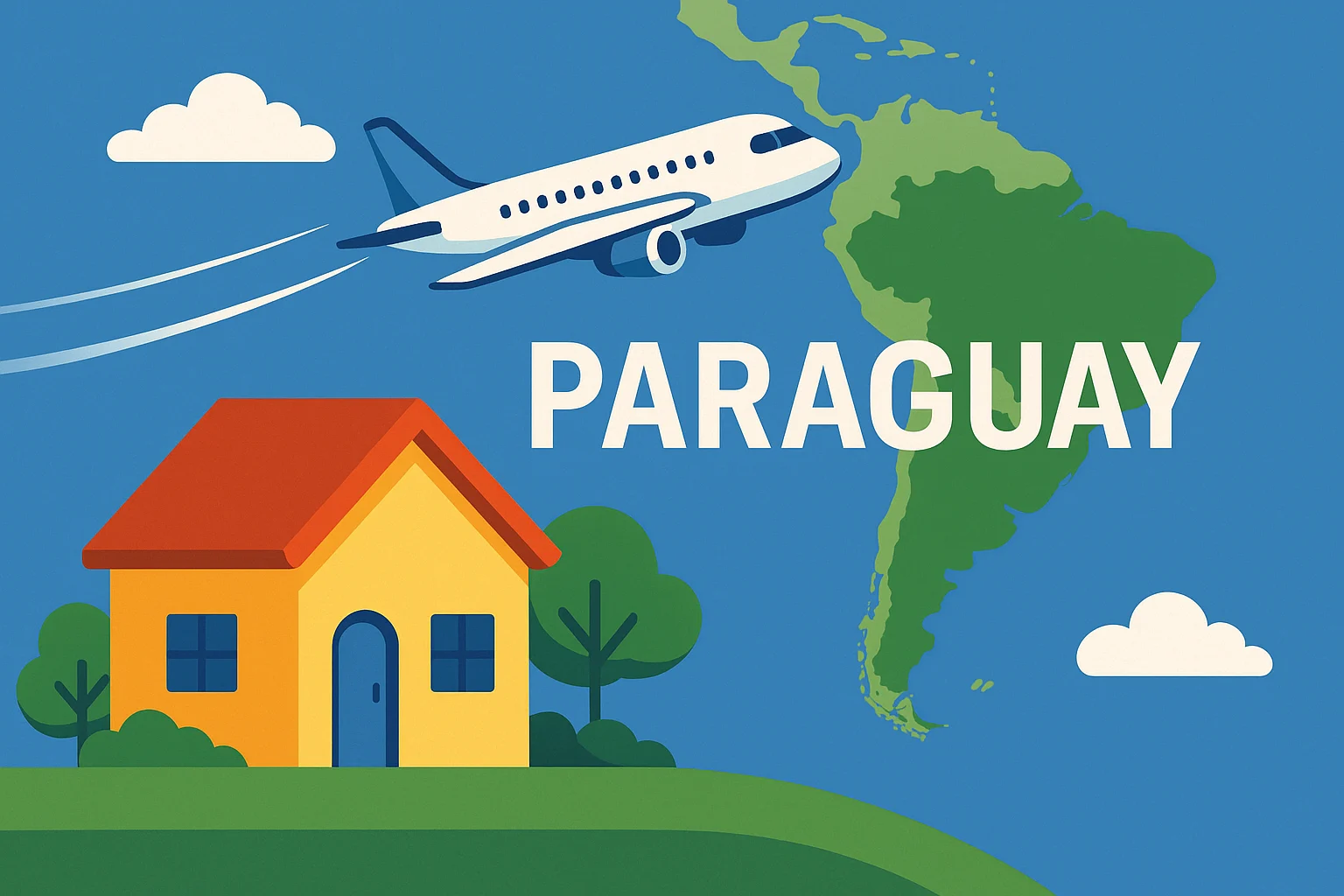 Colorful illustration showing a home, airplane, and map of South America with Paraguay marked—symbolizing Paraguay as a low-cost, central base for digital nomads, remote workers, and travelers exploring South America in 2025.