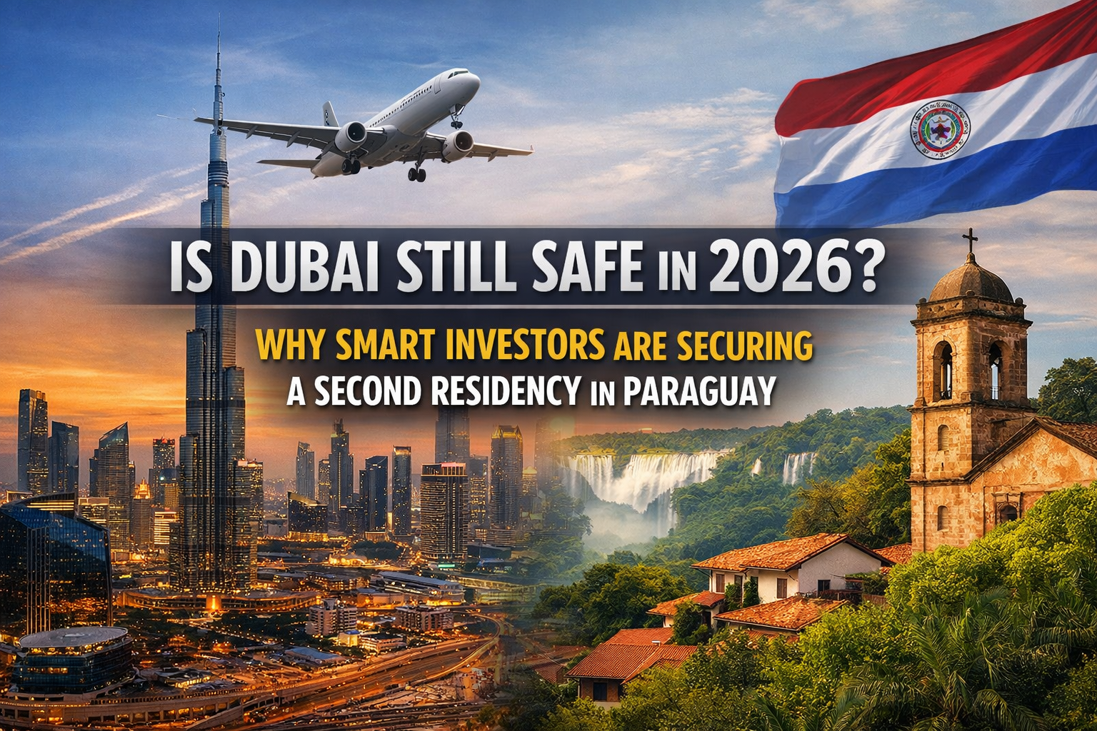 Dubai skyline with Burj Khalifa and airplane contrasted with Paraguay landscape promoting second residency in Paraguay as a Plan B strategy in 2026