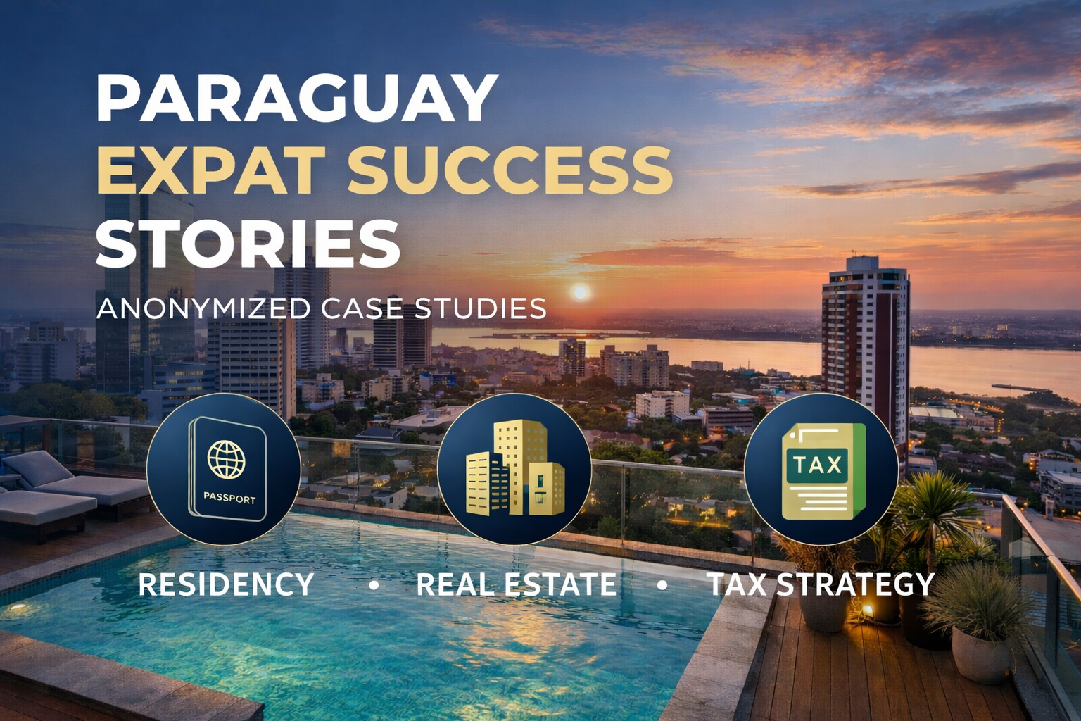 Paraguay expat couple enjoying sunset rooftop view in Asunción with modern skyline and luxury apartment lifestyle