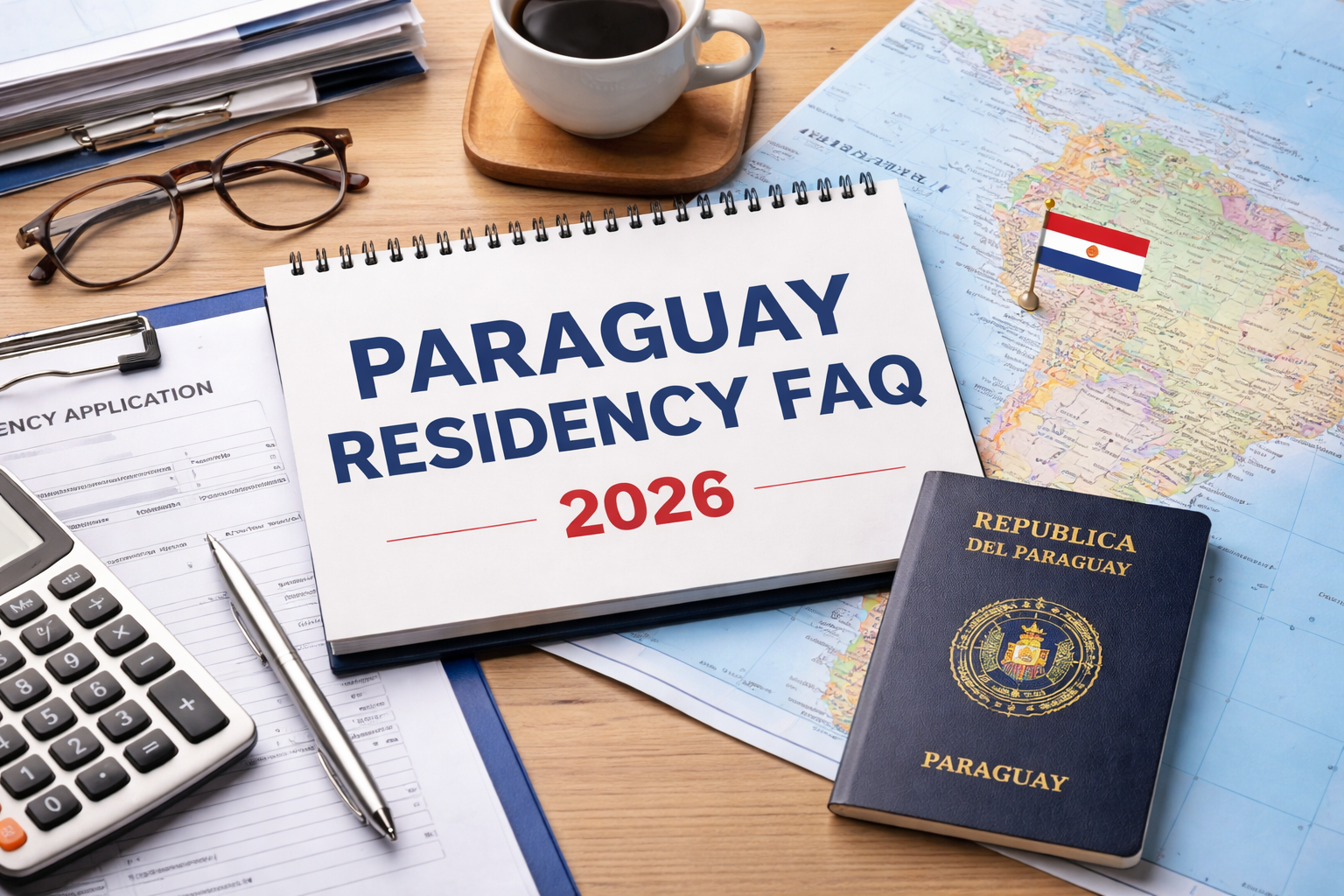 Paraguay Residency FAQ 2026 documents, passport and residency application on desk
