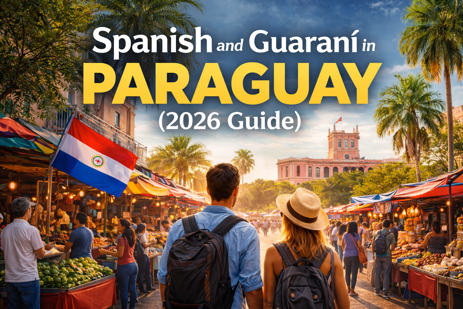 Spanish in Paraguay guide cover showing expats in an Asunción market with Palacio de los López in the background
