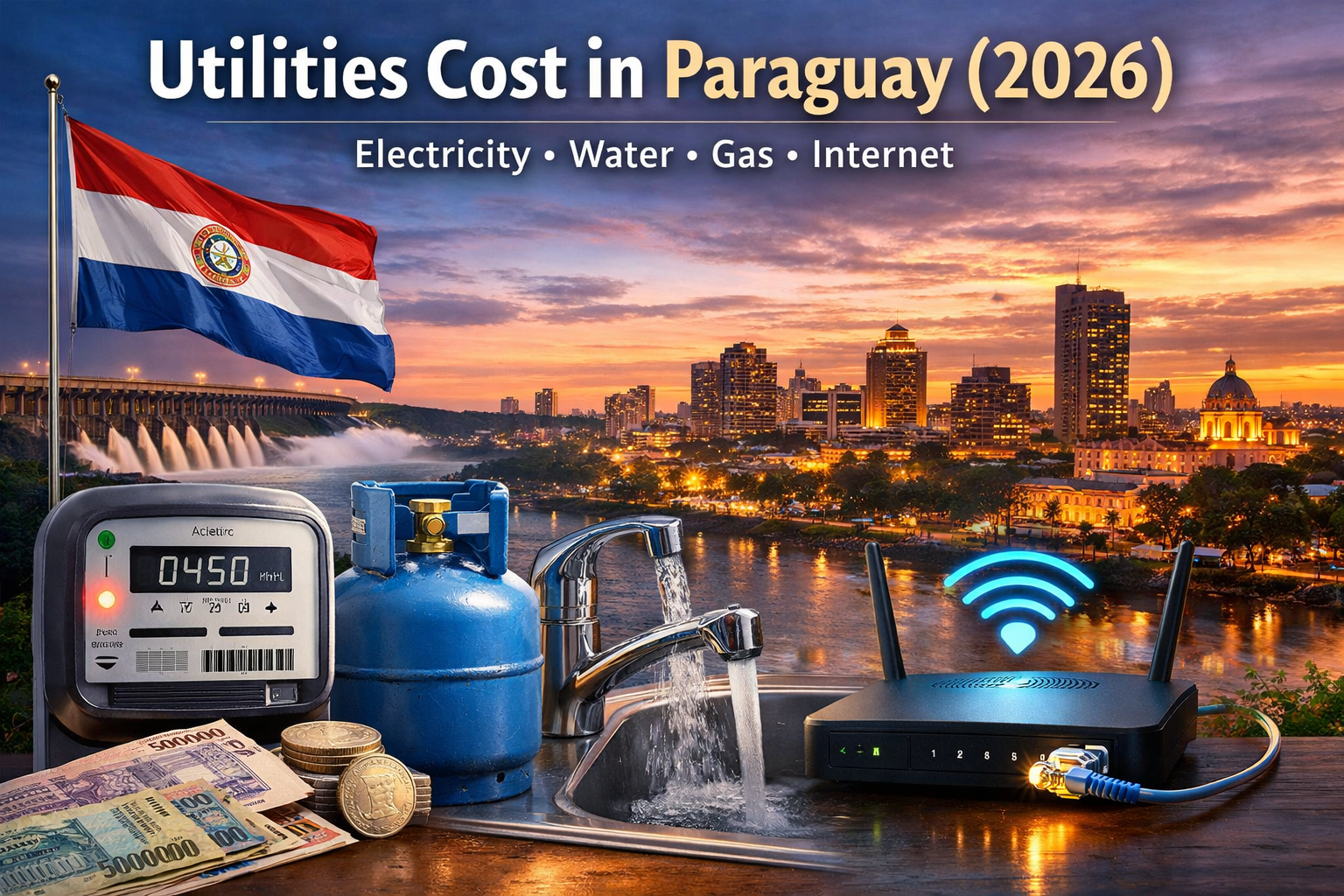 Utilities cost in Paraguay 2026 – electricity meter, gas cylinder, water faucet and internet router with Asunción skyline at sunset