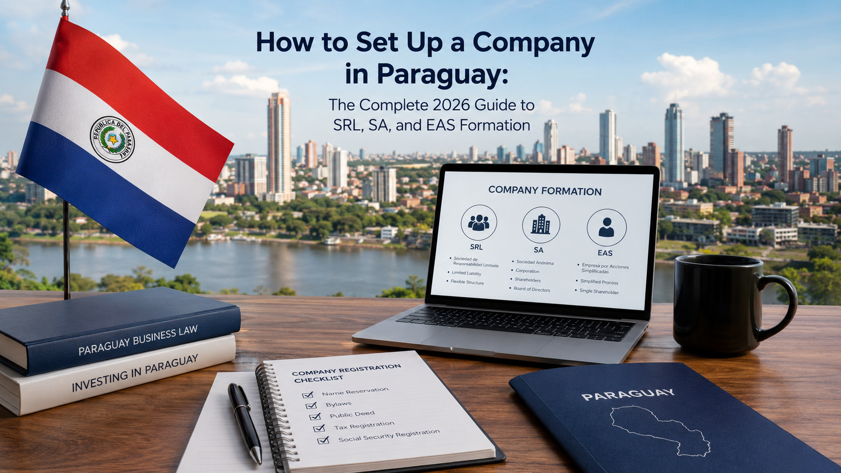 How to set up a company in Paraguay in 2026 – complete guide to SRL, SA, and EAS business formation with the Asunción skyline and Paraguayan flag.