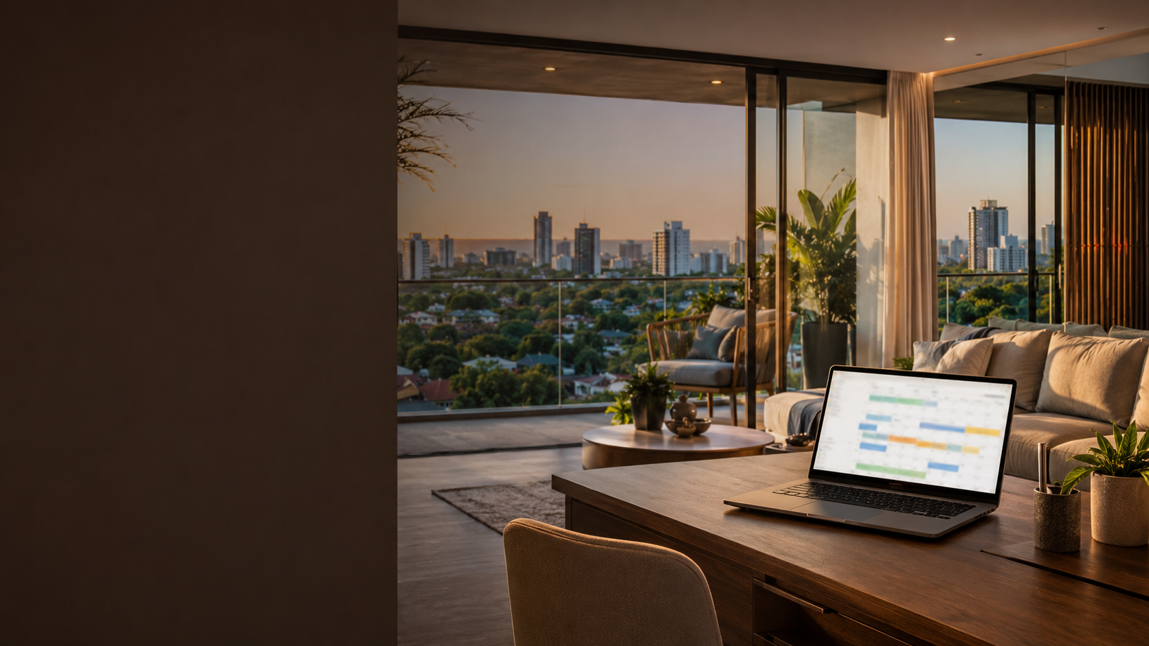 Luxury apartment in Asunción with a booking calendar on a laptop, illustrating professional Airbnb investment and short-term rental management in Paraguay.