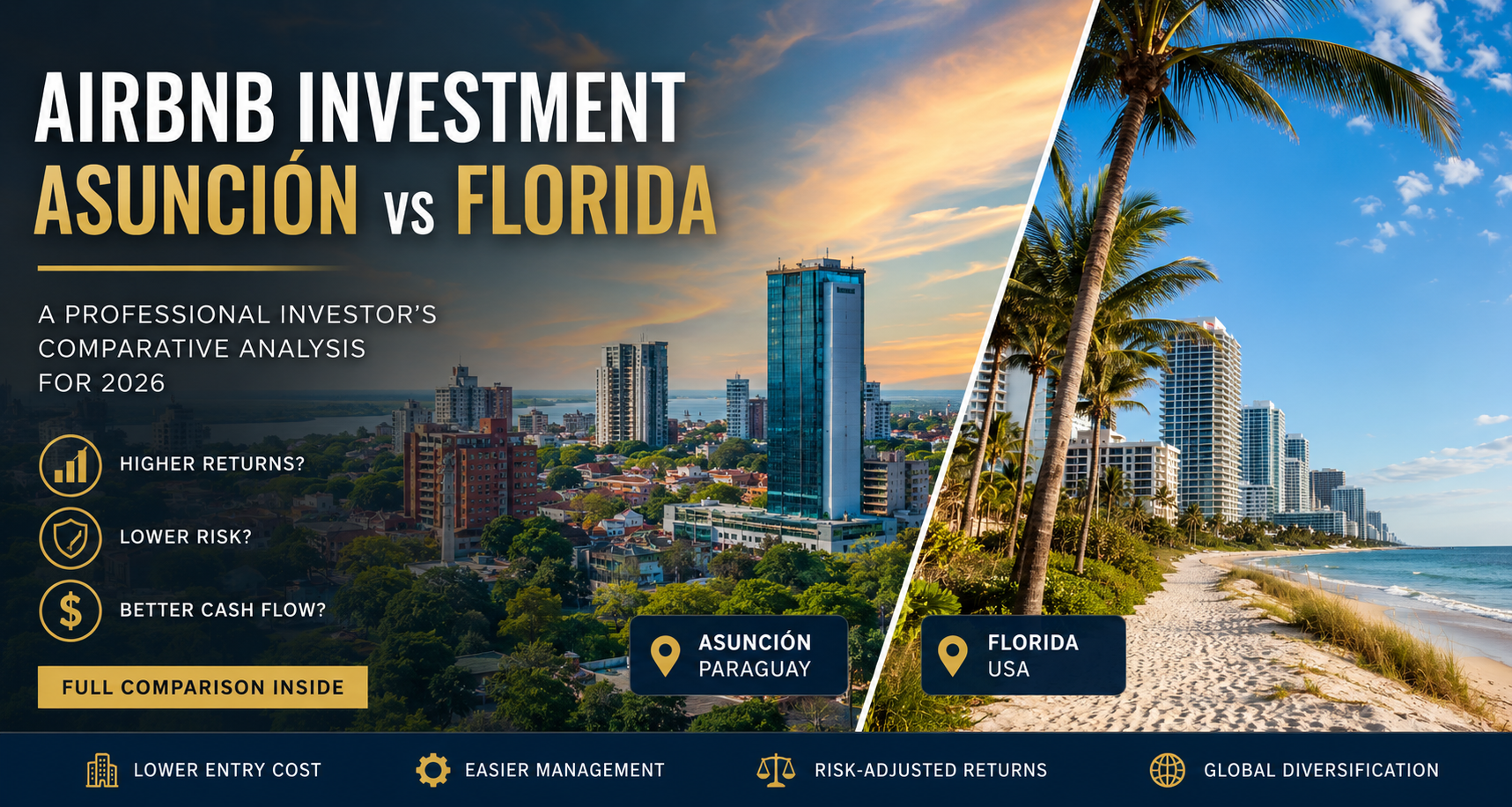 Airbnb investment comparison between Asunción Paraguay and Florida USA showing skyline and beachfront real estate opportunities for international investors