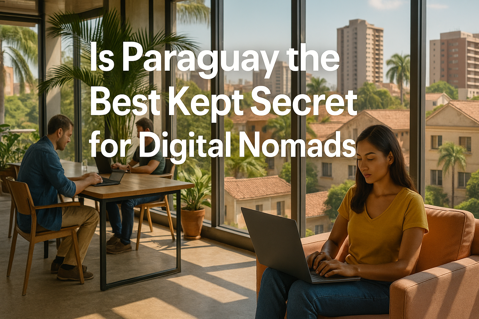 Coworking space in Paraguay with young digital nomads working on laptops, tropical city view through panoramic windows.