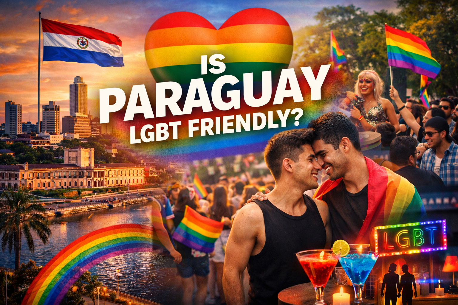 Is Paraguay LGBT friendly in 2026 – Asunción skyline with Pride flags and gay couple at LGBTQ nightlife event