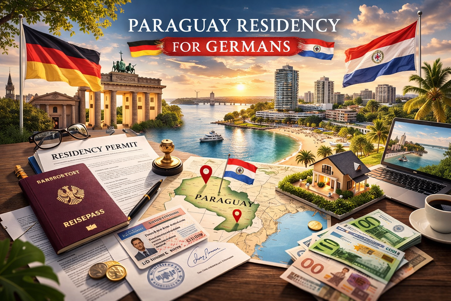 Paraguay residency for German citizens 2026 complete guide showing legal documents, apostille, and Asunción cityscape.