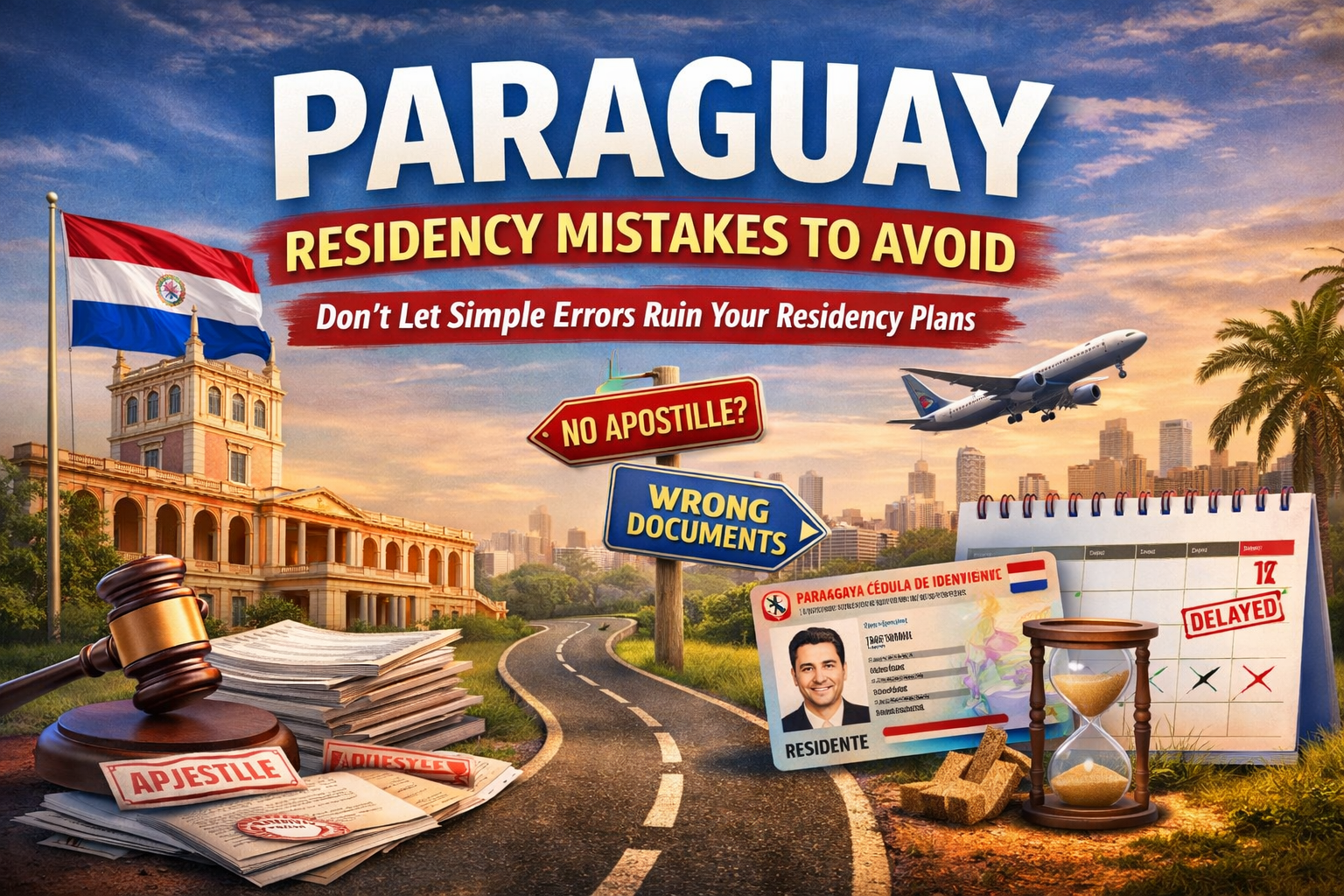 Promotional image for article Paraguay residency mistakes to avoid showing documents, apostille stamp, Paraguayan ID card, warning signs and Asunción skyline symbolizing common residency errors and delays